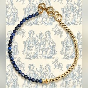 Natural Dark Blue Lapis Lazuli & Gold Balls Half & Half Beaded Necklace Choker